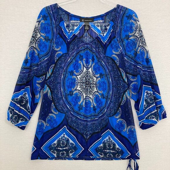 INC International Concepts Blue Mesh Nylon Stretch Abstract Print Boho Top XL - Picture 1 of 8